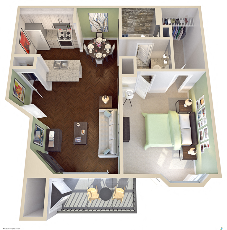 Floor plan for 1 bed, 1 bath, 710 sqft